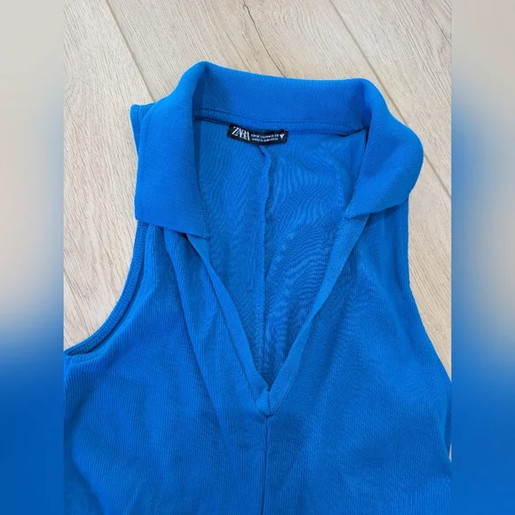 Zara cobalt blue collared V-neck ribbed sleeveless fit and flare mini dress - Picture 3 of 8